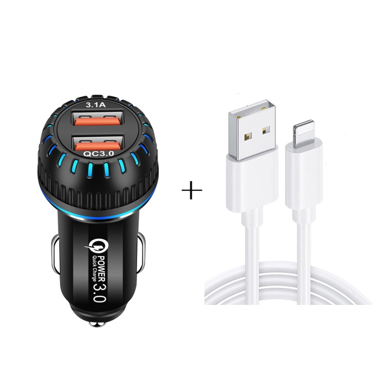 YSY-349 QC3.0 Caricabatteria da auto USB a doppia porta + cavo dati da USB a 8 pin da 3 A, lunghezza: 1 m, with 8 Pin Cable