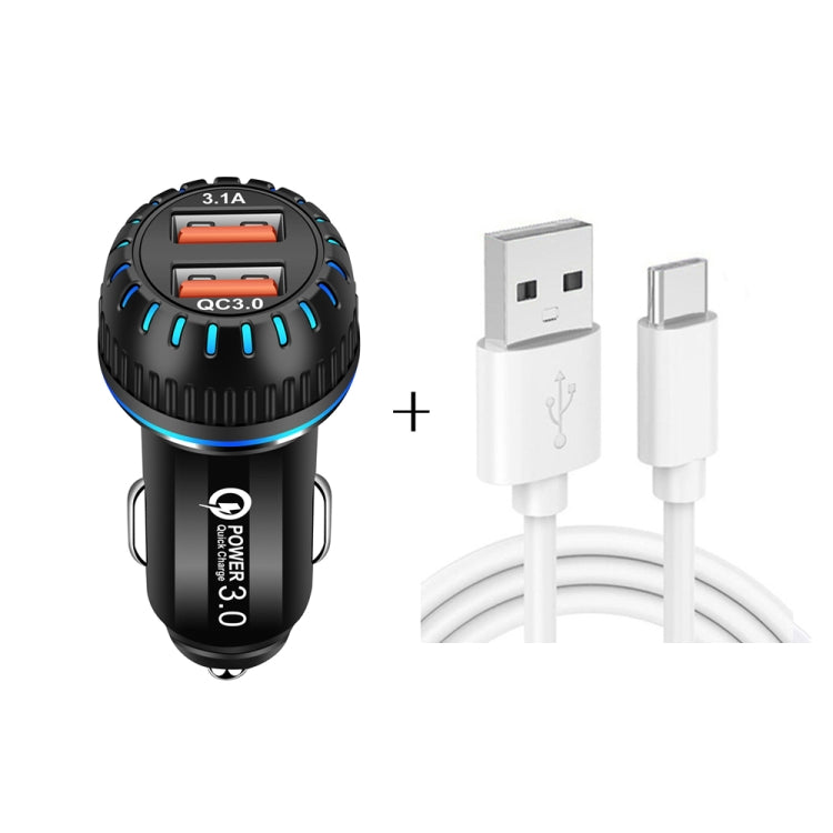 Caricabatteria da auto USB a doppia porta YSY-349 QC3.0 + cavo dati da USB a USB-C / Type-C da 3 A, lunghezza: 1 m, with USB-C / Type-C Cable