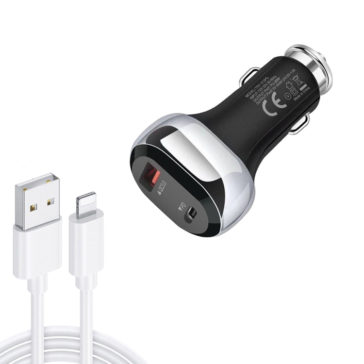 YSY-312PD QC3.0 18W USB + PD 20W Caricabatteria da auto USB-C / Type-C con cavo dati da USB a 8 pin, PD 20W with 8 Pin Cable