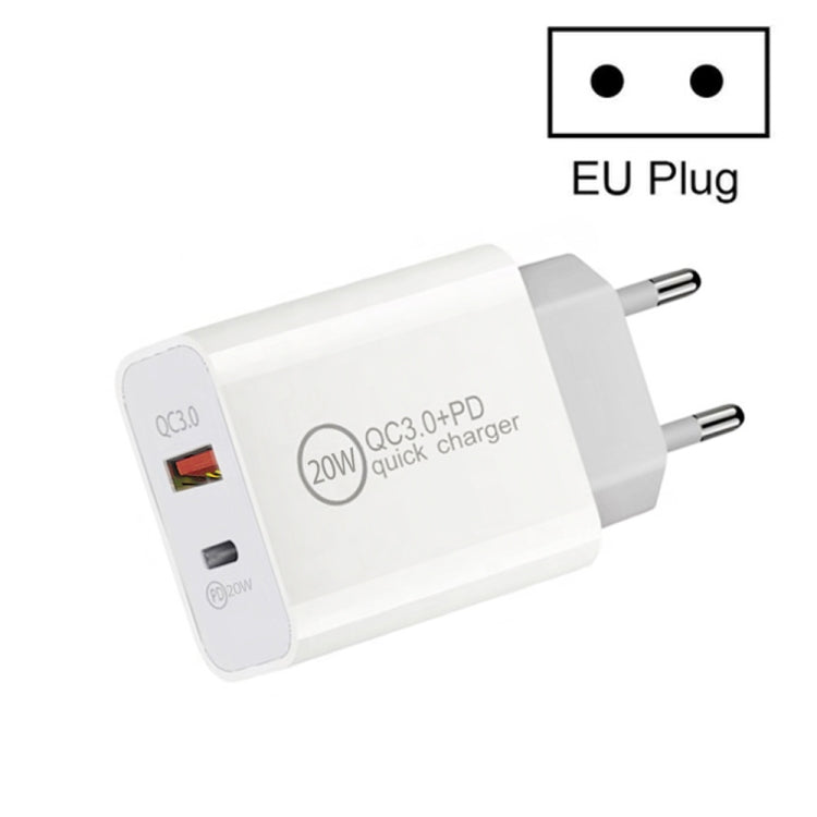 Caricabatterie da viaggio con interfaccia Dual Fast Charging 20W PD3.0+QC 3.0 per iPhone, Huawei, Samsung, Xiaomi, EU Plug, US Plug, AU Plug