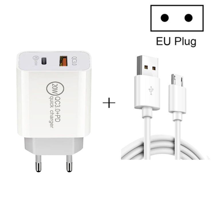 Caricabatterie da viaggio a ricarica rapida con interfaccia USB da 20 W PD Type-C + QC 3.0 con cavo dati a ricarica rapida da USB a micro USB, EU Plug, US Plug, AU Plug