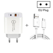 Caricabatterie da viaggio a ricarica rapida con interfaccia USB da 20 W PD Type-C + QC 3.0 con cavo dati a ricarica rapida da USB a micro USB, EU Plug, US Plug, AU Plug