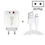 20W PD Type-C + QC 3.0 Interfaccia USB Caricatore da viaggio a ricarica rapida con cavo dati a ricarica rapida da USB a 8 pin, EU Plug, US Plug, AU Plug