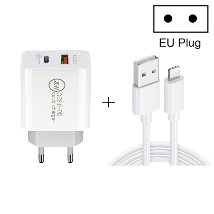20W PD Type-C + QC 3.0 Interfaccia USB Caricatore da viaggio a ricarica rapida con cavo dati a ricarica rapida da USB a 8 pin, EU Plug, US Plug, AU Plug