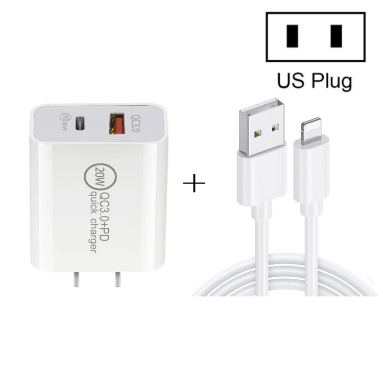 20W PD Type-C + QC 3.0 Interfaccia USB Caricatore da viaggio a ricarica rapida con cavo dati a ricarica rapida da USB a 8 pin, EU Plug, US Plug, AU Plug