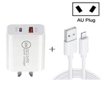 20W PD Type-C + QC 3.0 Interfaccia USB Caricatore da viaggio a ricarica rapida con cavo dati a ricarica rapida da USB a 8 pin, EU Plug, US Plug, AU Plug