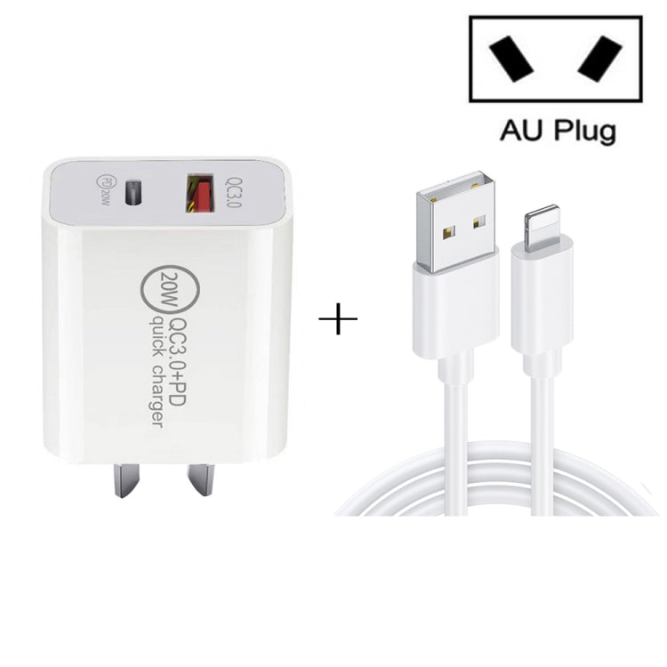 20W PD Type-C + QC 3.0 Interfaccia USB Caricatore da viaggio a ricarica rapida con cavo dati a ricarica rapida da USB a 8 pin, EU Plug, US Plug, AU Plug