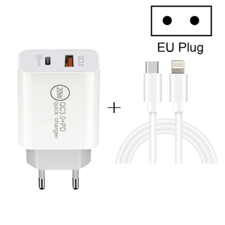 20W PD Type-C + QC 3.0 Interfaccia USB Caricatore da viaggio a ricarica rapida con cavo dati USB-C / Type-C a 8 pin per ricarica rapida, EU Plug, US Plug, AU Plug