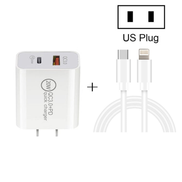 20W PD Type-C + QC 3.0 Interfaccia USB Caricatore da viaggio a ricarica rapida con cavo dati USB-C / Type-C a 8 pin per ricarica rapida, EU Plug, US Plug, AU Plug