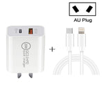 20W PD Type-C + QC 3.0 Interfaccia USB Caricatore da viaggio a ricarica rapida con cavo dati USB-C / Type-C a 8 pin per ricarica rapida, EU Plug, US Plug, AU Plug