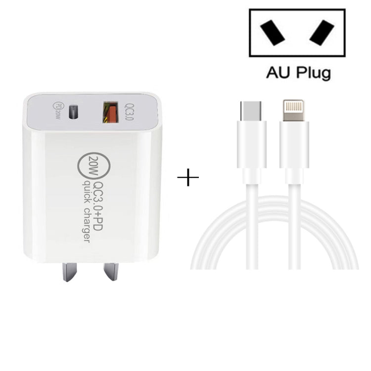 20W PD Type-C + QC 3.0 Interfaccia USB Caricatore da viaggio a ricarica rapida con cavo dati USB-C / Type-C a 8 pin per ricarica rapida, EU Plug, US Plug, AU Plug