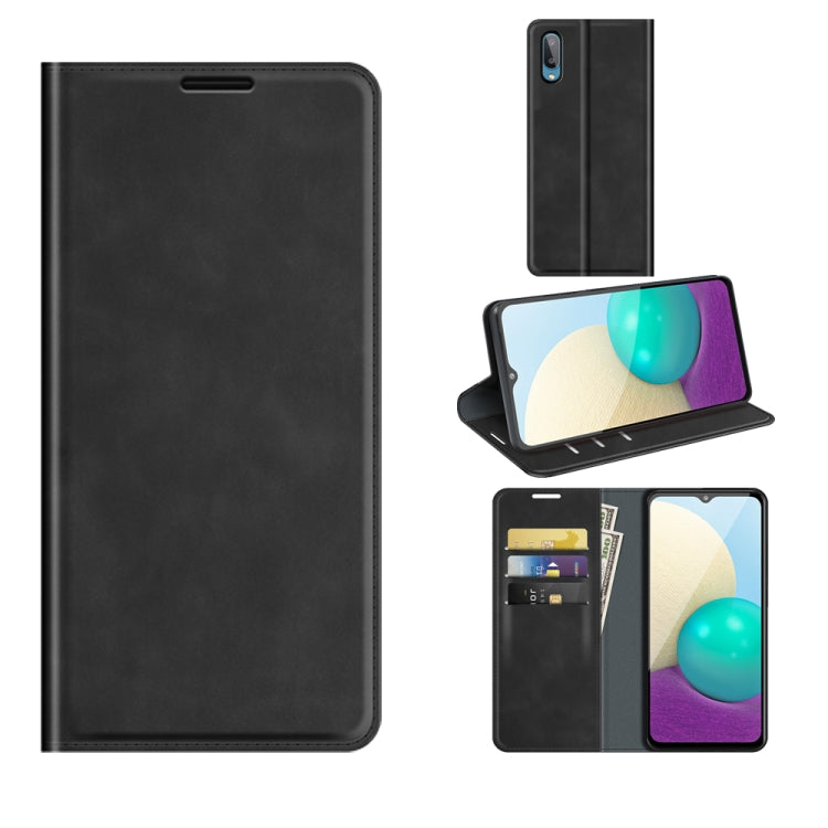 Per Samsung Galaxy A02 / M02 Custodia in pelle con ventosa magnetica da lavoro retro-skin con supporto e slot per schede e portafoglio, For Galaxy A02