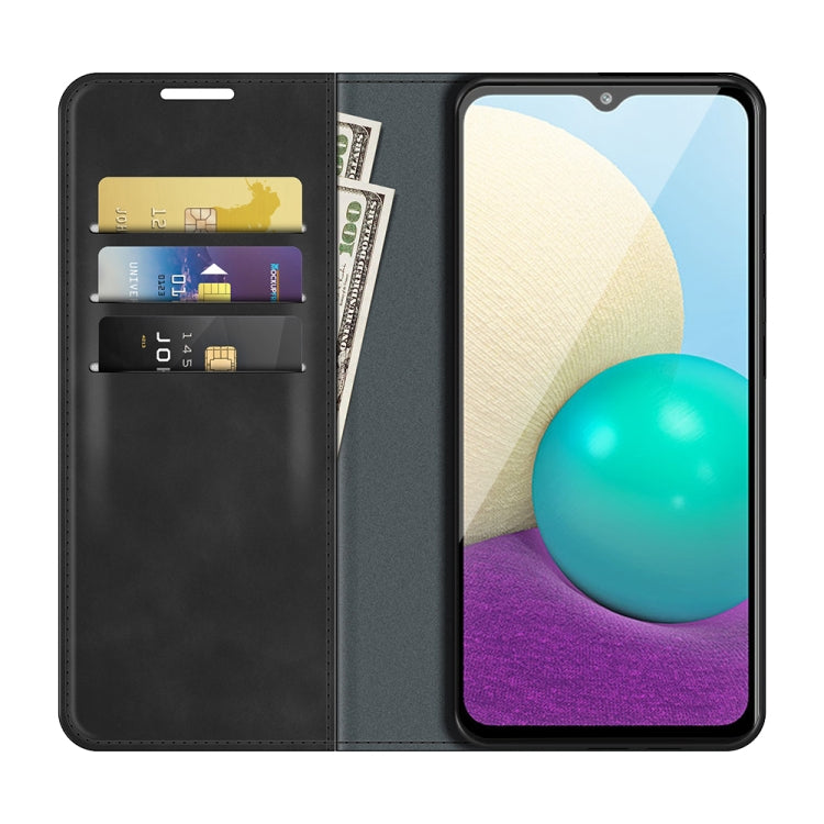 Per Samsung Galaxy A02 / M02 Custodia in pelle con ventosa magnetica da lavoro retro-skin con supporto e slot per schede e portafoglio, For Galaxy A02