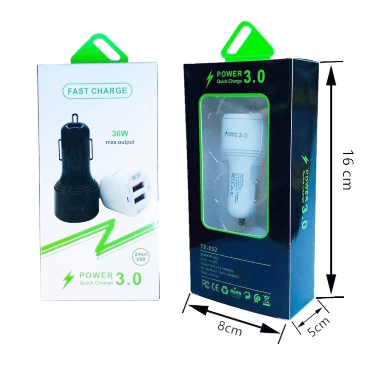 TE-092 36W Dual QC3.0 Caricabatteria da auto rapido USB + set di cavi dati da USB a Micro USB, TE-092 with Micro USB Cable