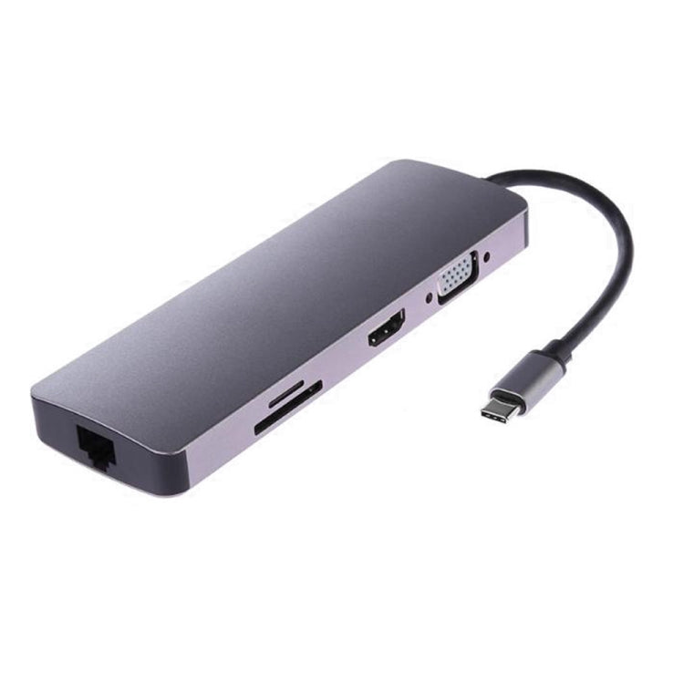 WS-11 8 in 1 da tipo C a HDMI + VGA + SD + TF + RJ45 + PD + 2 x convertitore adattatore HUB USB 3.0