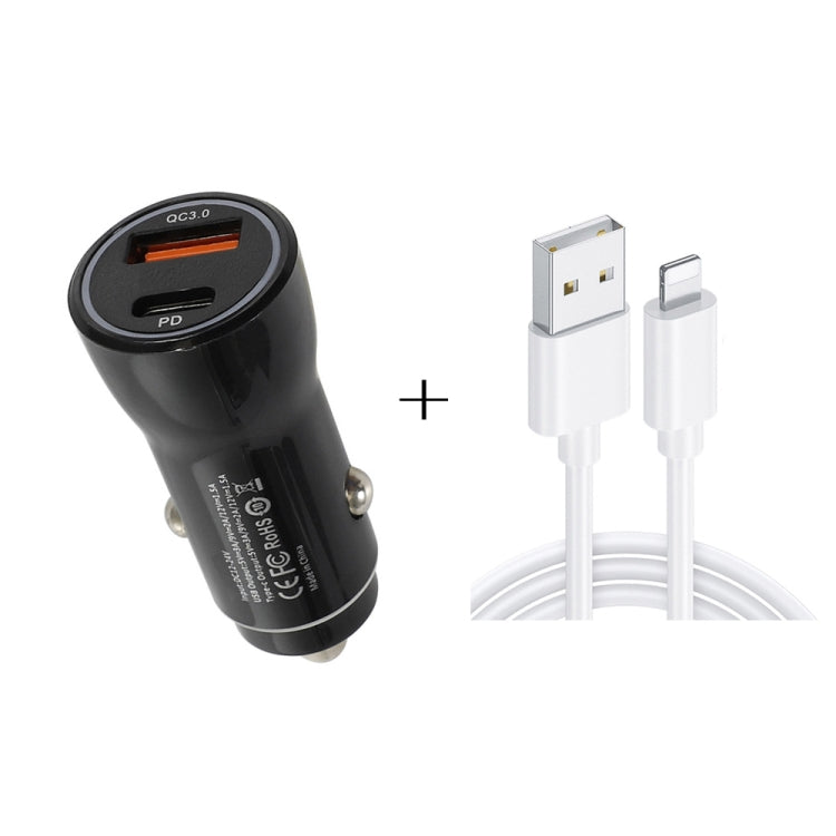 P21 PD 20W USB-C / Type-C + QC3.0 18W Caricabatteria da auto USB veloce con set di cavi dati da USB a 8 pin, USB to 8 Pin