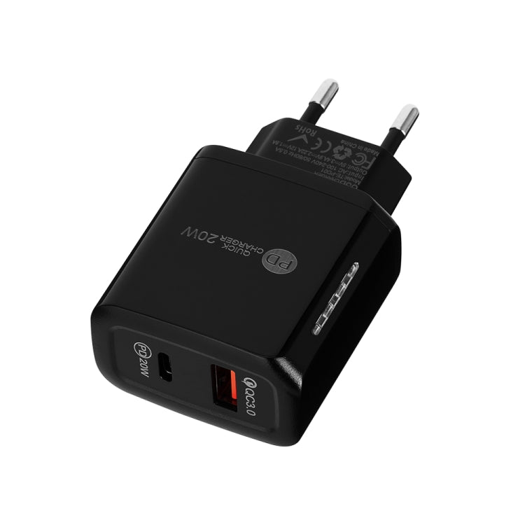 TE-PD01 Caricatore rapido PD 20W + QC3.0 USB a doppia porta con indicatore luminoso, spina europea, EU Plug