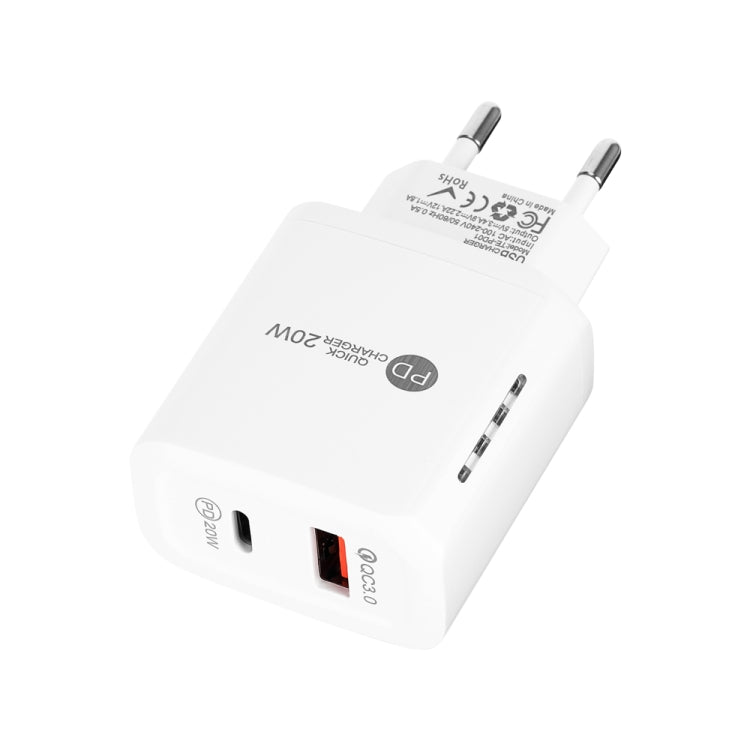 TE-PD01 Caricatore rapido PD 20W + QC3.0 USB a doppia porta con indicatore luminoso, spina europea, EU Plug
