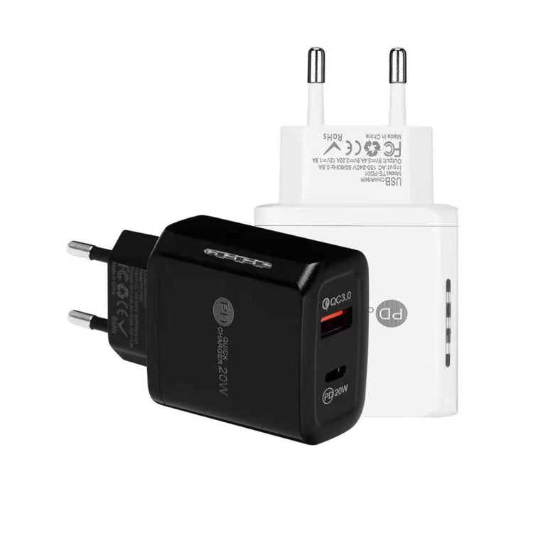 TE-PD01 Caricatore rapido PD 20W + QC3.0 USB a doppia porta con indicatore luminoso, spina europea, EU Plug