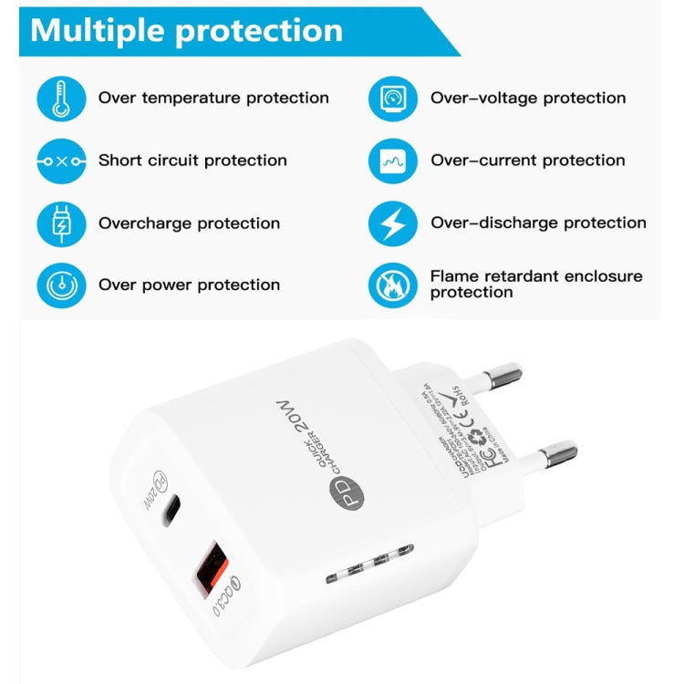 TE-PD01 Caricatore rapido PD 20W + QC3.0 USB a doppia porta con indicatore luminoso, spina europea, EU Plug