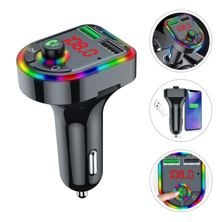 Trasmettitore FM per auto F6 Caricatore per lettore MP3 con lampada per atmosfera respiratoria colorata, F6