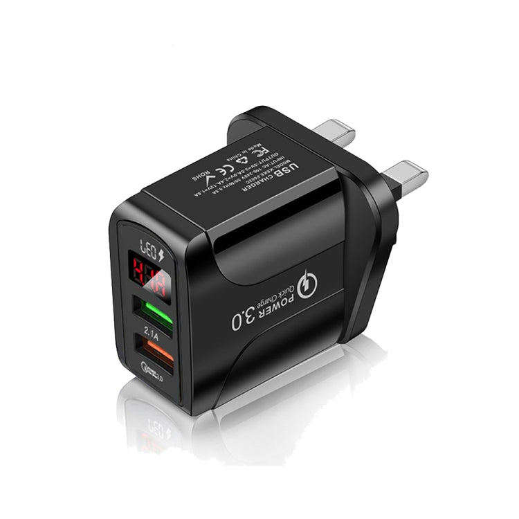 F002C QC3.0 Caricabatterie rapido USB + USB 2.0 con display digitale a LED per telefoni cellulari e tablet, spina UK, UK Plug