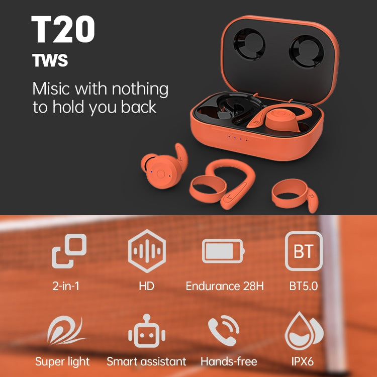 T20 TWS Bluetooth Hooks Cuffie sportive wireless con scatola di ricarica Auricolari impermeabili IPX6 con cancellazione del rumore