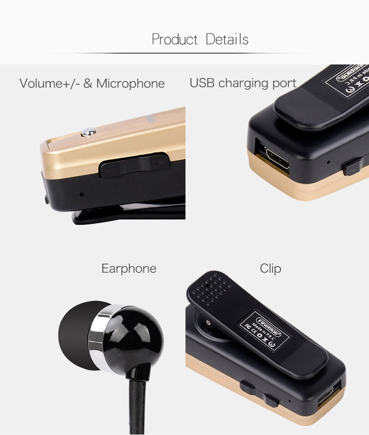 F980 CSR4.1 Auricolare Bluetooth antifurto con promemoria di vibrazione del chiamante con cavo retrattile, Black, White, Silver, Gold