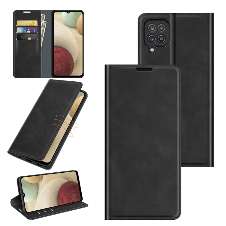 Per Samsung Galaxy F12 / M12 Custodia in pelle con ventosa magnetica da lavoro retro-skin con supporto e slot per carte e portafoglio, For Galaxy F12 / M12