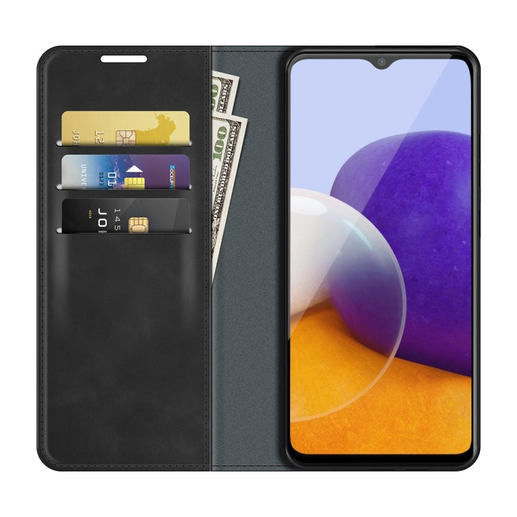 Per Samsung Galaxy A22 5G Custodia in pelle con ventosa magnetica da lavoro retro-pelle con supporto e slot per carte e portafoglio, For Glaxy A22 5G