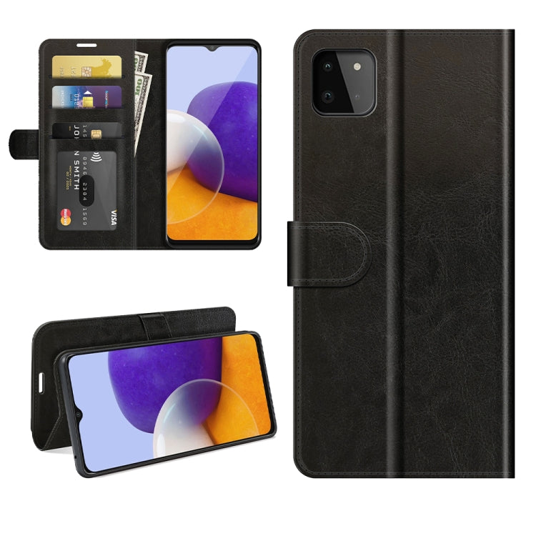 Per Samsung Galaxy A22 5G R64 Texture Custodia protettiva a vibrazione orizzontale singola con supporto e slot per schede e portafogli e cornice per foto, For Samsung Glaxy A22 5G