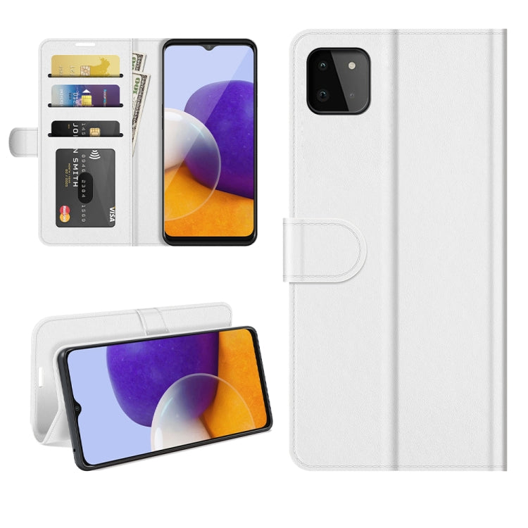 Per Samsung Galaxy A22 5G R64 Texture Custodia protettiva a vibrazione orizzontale singola con supporto e slot per schede e portafogli e cornice per foto, For Samsung Glaxy A22 5G
