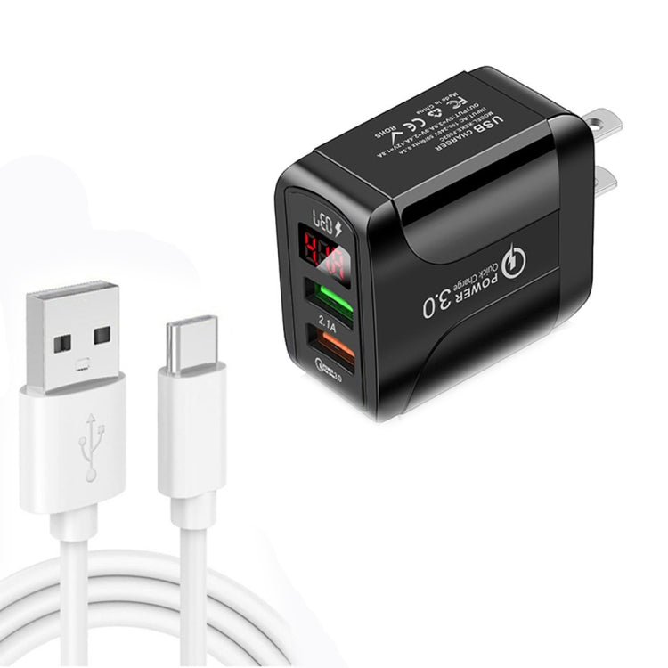 F002C QC3.0 USB + USB 2.0 Display digitale a LED Caricatore rapido con cavo dati da USB a tipo C, spina USA, US Plug +  Type-C Cable