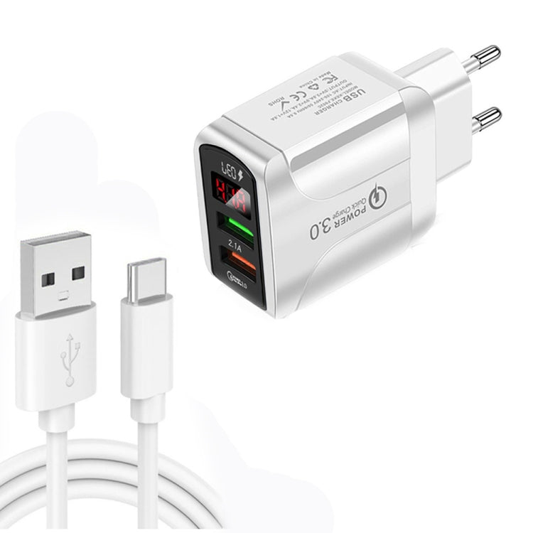 F002C QC3.0 USB + USB 2.0 Display digitale a LED Caricatore rapido con cavo dati da USB a tipo C, spina europea, EU Plug +  Type-C Cable