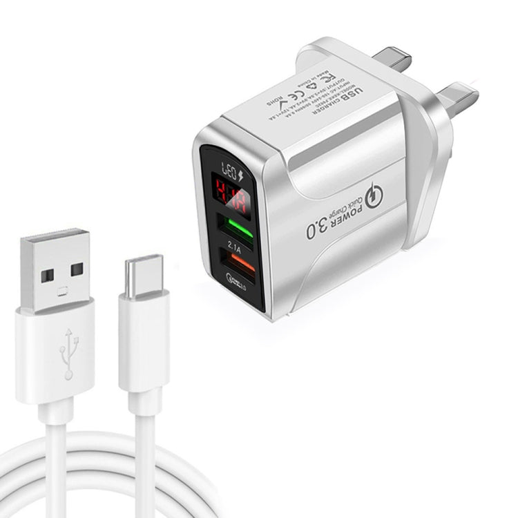 F002C QC3.0 USB + USB 2.0 Display digitale a LED Caricatore rapido con cavo dati da USB a tipo C, spina UK, UK Plug +  Type-C Cable
