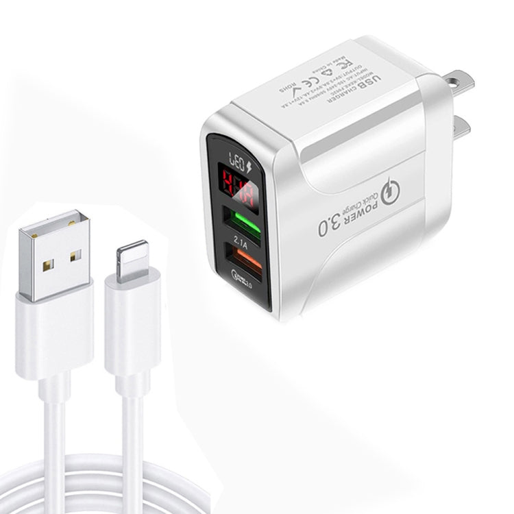 F002C QC3.0 USB + USB 2.0 Display digitale a LED Caricatore rapido con cavo dati da USB a 8 pin, spina USA, US Plug +  8 Pin Cable