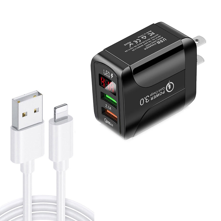 F002C QC3.0 USB + USB 2.0 Display digitale a LED Caricatore rapido con cavo dati da USB a 8 pin, spina USA, US Plug +  8 Pin Cable