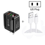 F002C QC3.0 USB + USB 2.0 Display digitale a LED Caricatore rapido con cavo dati da USB a 8 pin, spina USA, US Plug +  8 Pin Cable