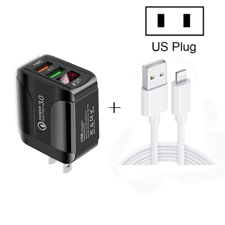 F002C QC3.0 USB + USB 2.0 Display digitale a LED Caricatore rapido con cavo dati da USB a 8 pin, spina USA, US Plug +  8 Pin Cable