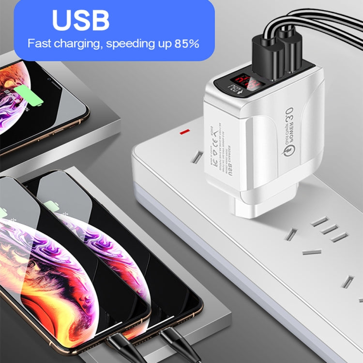 F002C QC3.0 USB + USB 2.0 Display digitale a LED Caricatore rapido con cavo dati da USB a 8 pin, spina USA, US Plug +  8 Pin Cable