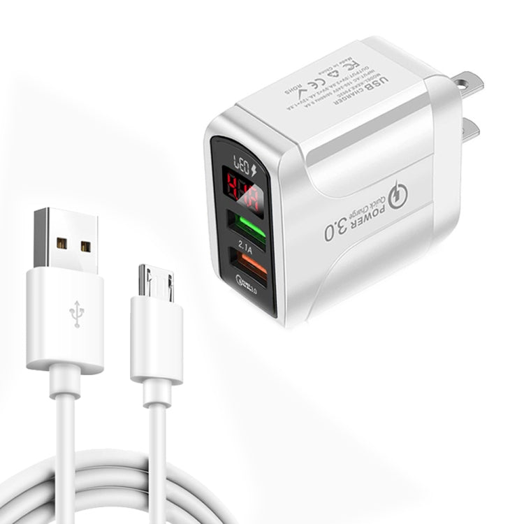 F002C QC3.0 USB + USB 2.0 Display digitale a LED Caricatore rapido con cavo dati da USB a micro USB, spina USA, US Plug +  Micro USB Cable