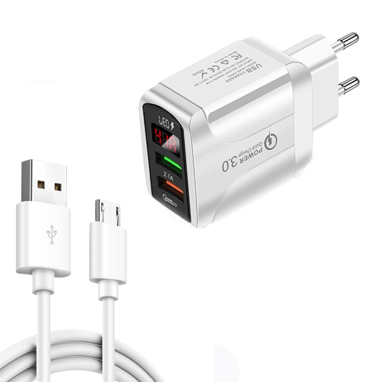 F002C QC3.0 USB + USB 2.0 Display digitale a LED Caricatore rapido con cavo dati da USB a micro USB, spina europea, EU Plug +  Micro USB Cable