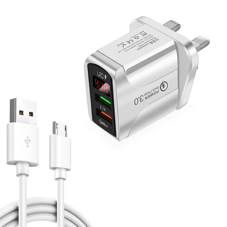 F002C QC3.0 USB + USB 2.0 Display digitale a LED Caricatore rapido con cavo dati da USB a micro USB, spina UK, UK Plug +  Micro USB Cable