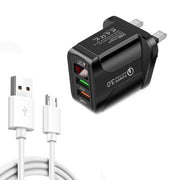 F002C QC3.0 USB + USB 2.0 Display digitale a LED Caricatore rapido con cavo dati da USB a micro USB, spina UK, UK Plug +  Micro USB Cable