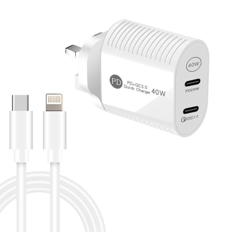 Caricabatterie rapido PD / Type-C a doppia porta da 40 W con cavo dati da Type-C a 8 pin, spina UK, UK Plug + Type-C to 8 Pin Cable