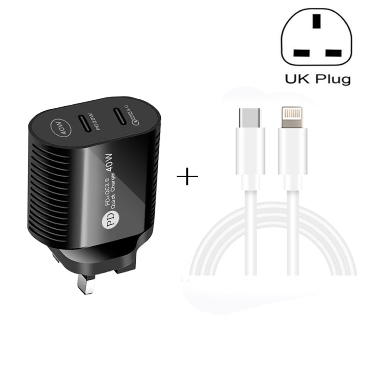 Caricabatterie rapido PD / Type-C a doppia porta da 40 W con cavo dati da Type-C a 8 pin, spina UK, UK Plug + Type-C to 8 Pin Cable