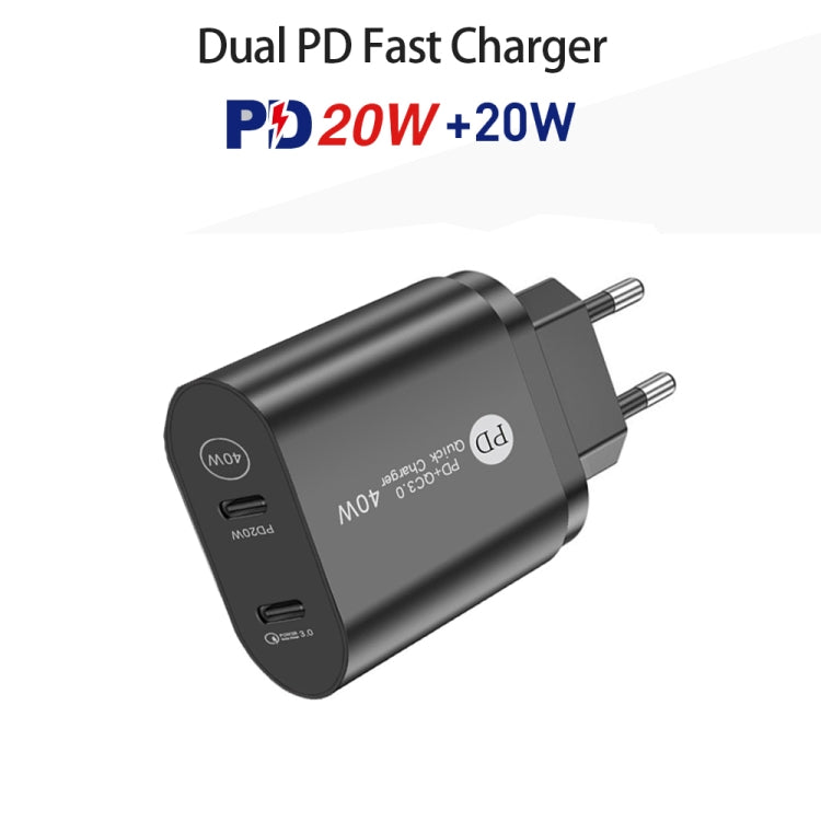002 Caricabatterie rapido PD / Type-C a doppia porta da 40 W per serie iPhone / iPad, spina europea, EU Plug
