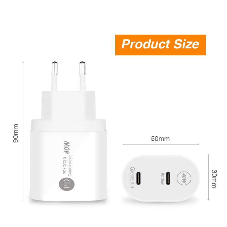 002 Caricabatterie rapido PD / Type-C a doppia porta da 40 W per serie iPhone / iPad, spina europea, EU Plug