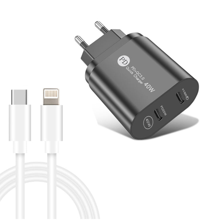002 Caricabatterie rapido PD / Type-C a doppia porta da 40 W con cavo dati da USB-C a 8 pin, spina europea, EU Plug + Type-C to 8 Pin Cable