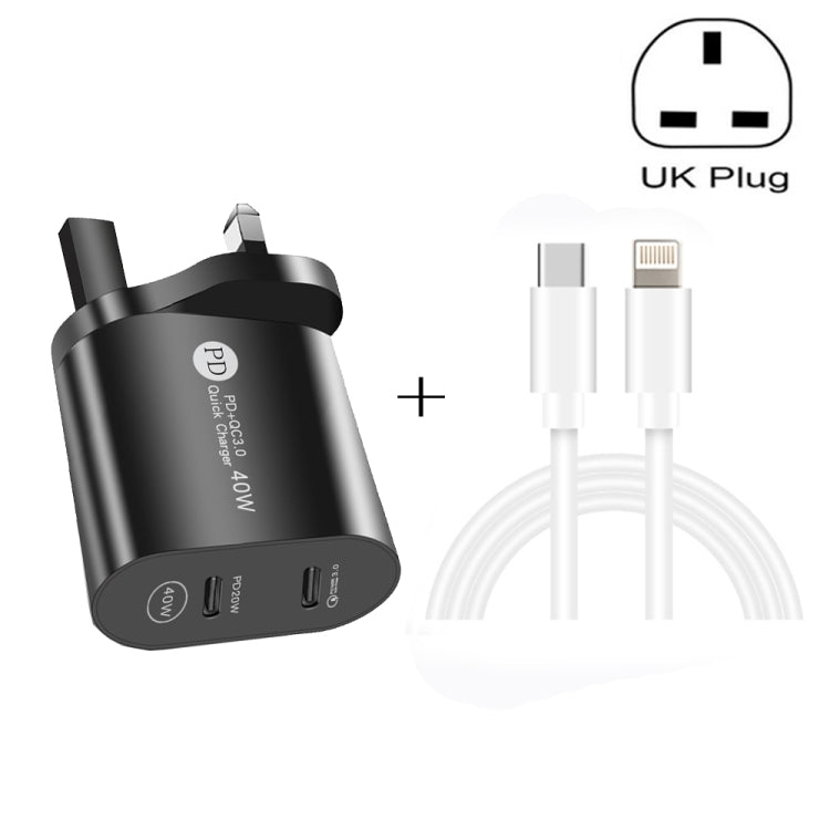 002 Caricabatterie rapido PD / Type-C a doppia porta da 40 W con cavo dati da USB-C a 8 pin, spina UK, UK Plug + Type-C to 8 Pin Cable